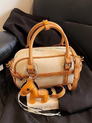 Borsa Boston Vintage da Donna Colore a Contrasto Texture Litchi Pelle Sintetica Borsa a Cuscino Con Ciondolo Cavallo Tracolla