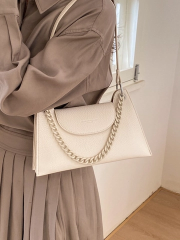 Borsa a Spalla da Donna in Pelle PU con Motivo a Litchi Retrò Decorazione a Catena Grossa Borsa a Tracolla Minimalista per Uso Quotidiano