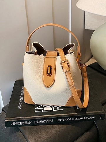 Sac Seau Vintage en Cuir Synthétique de Couleur Contrastée Pour Femmes Sac à Bandoulière Rétro Avec Fermoir en Métal Couture