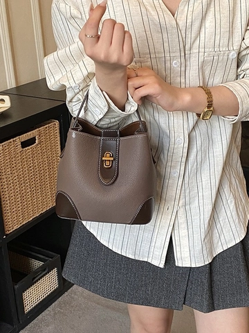 Sac Seau Vintage en Cuir Synthétique de Couleur Contrastée Pour Femmes Sac à Bandoulière Rétro Avec Fermoir en Métal Couture