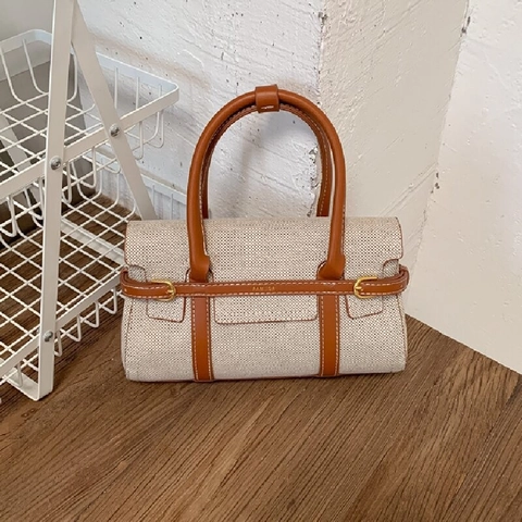 Sac à Épaule Femme Minimaliste en Toile et Cuir Patchwork Rétro Bloc de Couleur Sac Bandoulière Avec Boucle Dorée Sac à Main