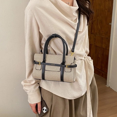 Sac à Épaule Femme Minimaliste en Toile et Cuir Patchwork Rétro Bloc de Couleur Sac Bandoulière Avec Boucle Dorée Sac à Main