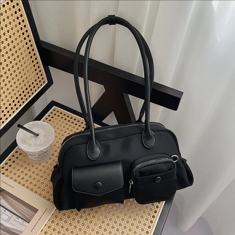 Sac à Épaule Femme Vintage à Poches Multiples Grande Capacité Cuir Synthétique Style Cargo Sac sous le Bras Fourre-tout Décontracté