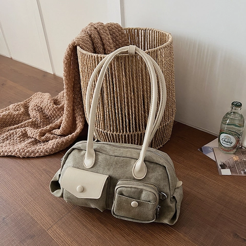 Sac à Épaule Femme Vintage à Poches Multiples Grande Capacité Cuir Synthétique Style Cargo Sac sous le Bras Fourre-tout Décontracté