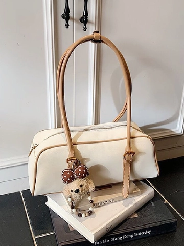 Bolso Boston Retro de Cuero Sintético para Mujer Elegante Bolso de Hombro de Color Sólido con Colgante de Perro de Peluche