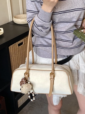 Bolso Boston Retro de Cuero Sintético para Mujer Elegante Bolso de Hombro de Color Sólido con Colgante de Perro de Peluche