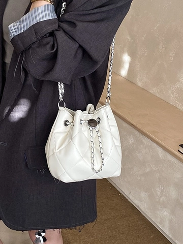 Borsa a Secchiello Vintage Trapuntata a Rombi da Donna Moda di Lusso Pelle Sintetica Catena Spalla Tracolla per Uso Quotidiano