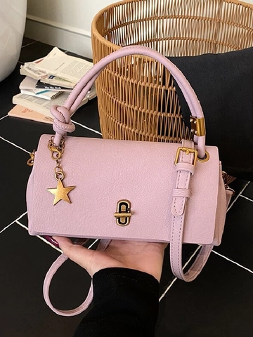Vintage Women Synthetic Leather Small Square Shoulder Bag With Star Pendant Lychee Pattern Handbag Crossbody Daily Bag