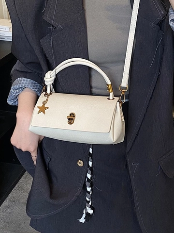 Vintage Women Synthetic Leather Small Square Shoulder Bag With Star Pendant Lychee Pattern Handbag Crossbody Daily Bag