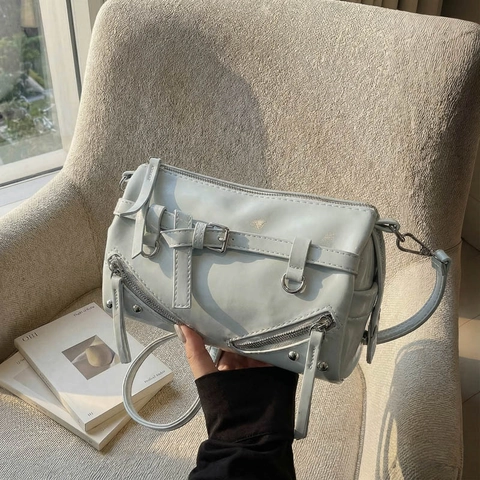 Women Motorcycle Style Bowling Bag Boston Pillow Bag Synthetic Leather Shoulder Crossbody Bag With Zipper Rivets Decor