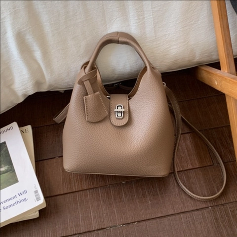 Bolso de Cubo Retro de Cuero Sintético con Textura de Lichi para Mujer Bolso de Hombro Cruzado Sencillo con Cerradura de Metal