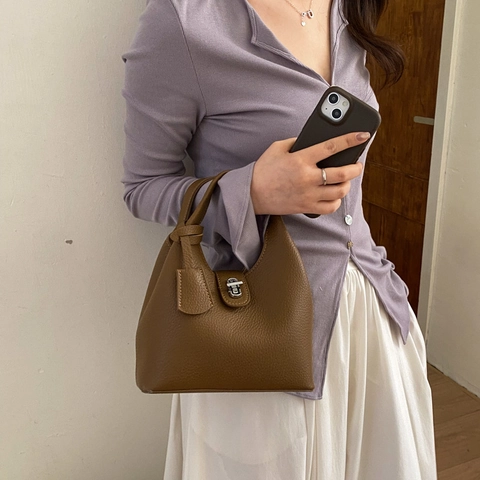 Bolso de Cubo Retro de Cuero Sintético con Textura de Lichi para Mujer Bolso de Hombro Cruzado Sencillo con Cerradura de Metal