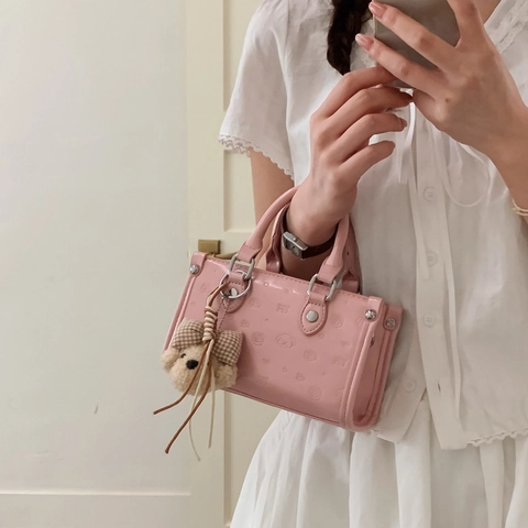 Borsa a Mano da Donna Minimalista in Pelle PU Con Motivo a Cucciolo Goffrato Borsa a Tracolla Stile Dolce Con Ciondolo in Peluche