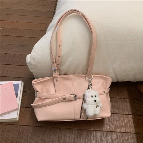 Bolso de Hombro de Cuero Sintético de Gran Capacidad para Mujer Moda Simple Bolso de Mano para Conmutar Con Hebilla y Amuleto de Perro