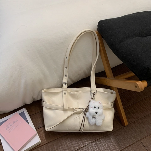 Bolso de Hombro de Cuero Sintético de Gran Capacidad para Mujer Moda Simple Bolso de Mano para Conmutar Con Hebilla y Amuleto de Perro