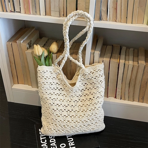 Borsa a Tracolla da Donna in Stile Pastorale Intrecciata Traforata Grande Capacità Borsa Tote Casuale Vacanza Uncinetto