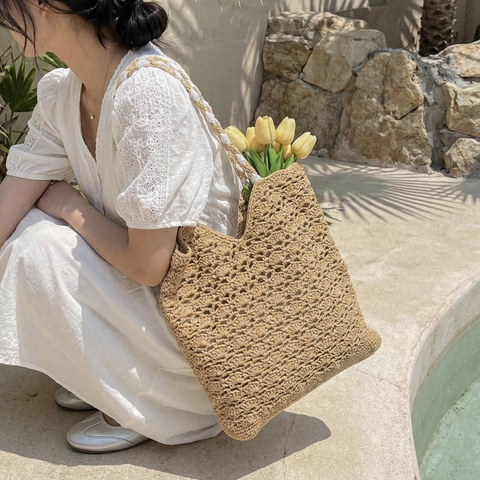 Borsa a Tracolla da Donna in Stile Pastorale Intrecciata Traforata Grande Capacità Borsa Tote Casuale Vacanza Uncinetto