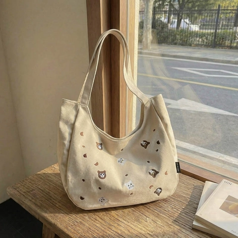 Borsa Tote in Tela di Grande Capacità Casual con Ricamo Animale Borsa a Spalla per Donna Pendolarismo Quotidiano Borsa Cartoon