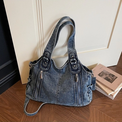 Vintage Women Large Capacity Denim Tote Bag Retro Washed Multi-pocket Shoulder Bag Casual Daily Commute Handbag
