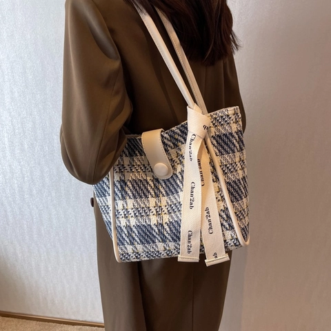 Dames Grote Capaciteit Canvas Tote Bag Plaid Textuur Schoudertas Met Decoratief Lint Urban Minimalistische Woon-werkverkeer Handtas