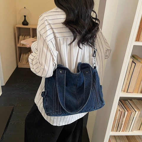 Vintage Women Large Capacity Denim Tote Bag Retro Washed Multi-pocket Shoulder Bag Casual Daily Commute Handbag