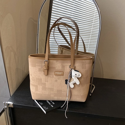 Bolso Tote de Gran Capacidad para Mujer Moda Cuero Sintético Color de Contraste Bolso de Hombro Conmutar Oficina Bolso con Colgante