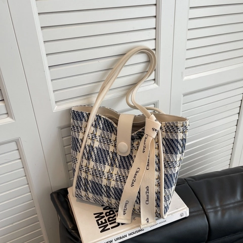 Dames Grote Capaciteit Canvas Tote Bag Plaid Textuur Schoudertas Met Decoratief Lint Urban Minimalistische Woon-werkverkeer Handtas