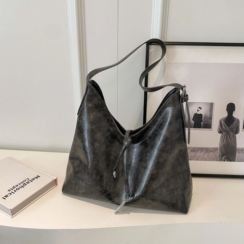 Bolso Tote de Cuir PU Vintage de Gran Capacidad para Mujer Bolso de Hombro Retro Envejecido Bolso Hobo con Cordón