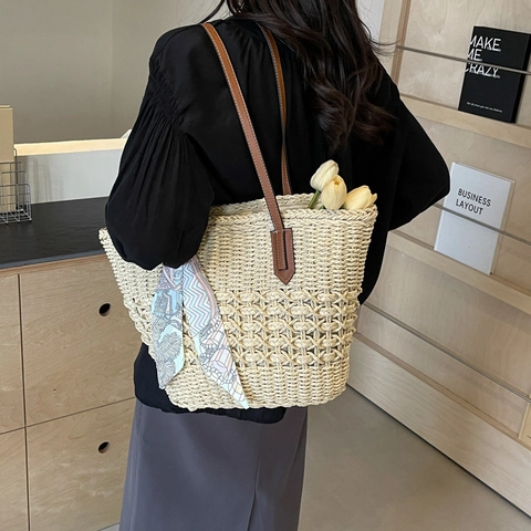 Handwoven Straw Tote Bag For Women Large Capacity Beach Shoulder Bag With Scarf Decoration Casual Summer Fashion Handbag
