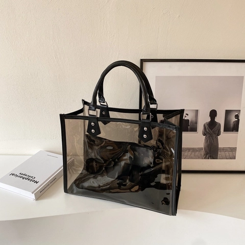 Große Kapazität Transparent PVC Tragetasche Für Damen Minimalistisch Buchstabendruck Teiltasche Wasserdicht Strand Handtasche