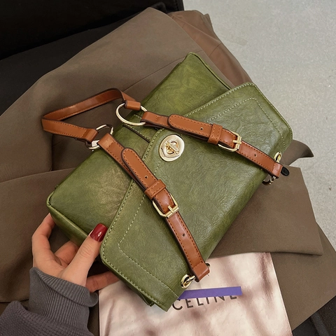Vintage PU Leder Große Kapazität Quadratische Umhängetasche Für Damen Goldener Drehverschluss Kontrast Schultergurt Mode Tasche