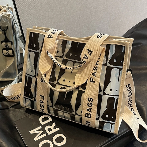 Große Kapazität Transparent PVC Gelee Tragetasche Für Damen Innentasche Hasenmuster Buchstabenband Wasserdichte Sommertasche
