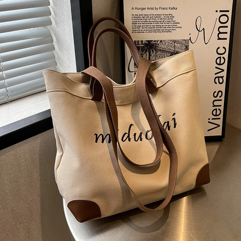 Sac Fourre-Tout en Canevas pour Femmes Grande Capacité Simple Imprimé de Lettres Sac à Épaule Sac à Main pour Trajet École Quotidien
