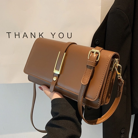 Vintage PU Leather Small Square Crossbody Bag For Women Fashion Versatile Minimalist Shoulder Bag With Metal Buckle Daily Purse