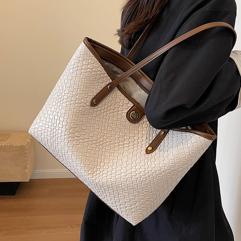 Women Large Capacity Woven Tote Bag PU Leather Fashion Commuter Shoulder Bag Simple Retro Solid Color Handbag For Daily Work