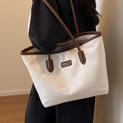 Women Large Capacity Oxford Cloth Tote Bag Contrast PU Leather Trim Casual Commute Shoulder Bag Fashion Letter Patch Solid Color