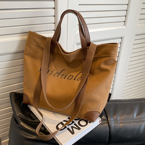 Sac Fourre-Tout en Canevas pour Femmes Grande Capacité Simple Imprimé de Lettres Sac à Épaule Sac à Main pour Trajet École Quotidien