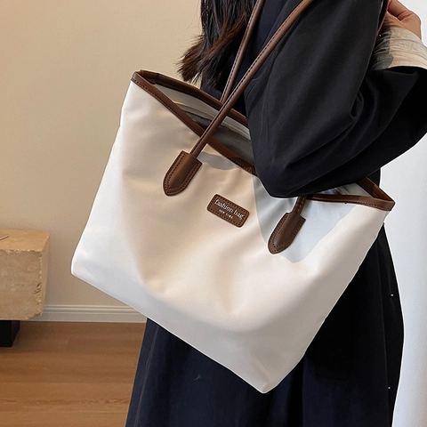 Women Large Capacity Oxford Cloth Tote Bag Contrast PU Leather Trim Casual Commute Shoulder Bag Fashion Letter Patch Solid Color