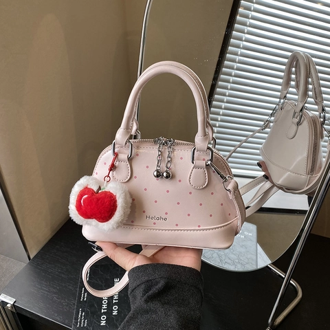 Borsa a Cupola in Pelle Sintetica a Pois da Donna Borsa a Tracolla Dolce Con Ciondolo a Mela in Peluche Borsa a Mano per il Giorno