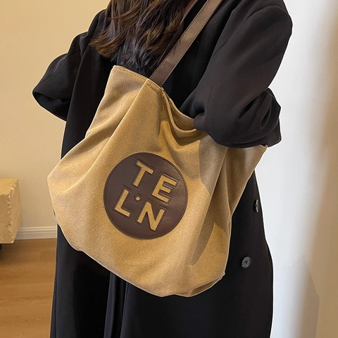 Borsa Tote in Tela da Donna a Grande Capacità Elegante Borsa a Tracolla con Patch a Lettere Borsa a Mano Casual per Pendolari Shopping Viaggio