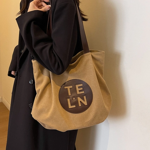 Borsa Tote in Tela da Donna a Grande Capacità Elegante Borsa a Tracolla con Patch a Lettere Borsa a Mano Casual per Pendolari Shopping Viaggio