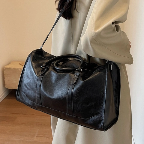 Borsa da Viaggio in Pelle PU Retrò da Donna Borsone di Grande Capacità Con Tracolla Regolabile Borsa a Mano con Motivo Litchi per Viaggi di Lavoro Fitness Fine Settimana