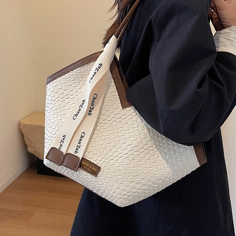 Bolso de Mano de Cuero PU Tejido de Gran Capacidad para Mujer Bolso de Hombro Vintage Color en Contraste con Decoración de Cinta de Letras Bolso de Trabajo