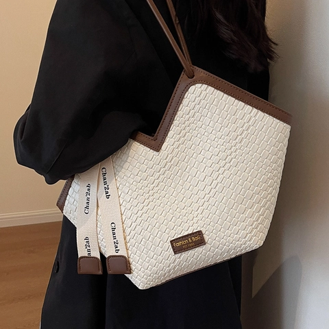 Bolso de Mano de Cuero PU Tejido de Gran Capacidad para Mujer Bolso de Hombro Vintage Color en Contraste con Decoración de Cinta de Letras Bolso de Trabajo