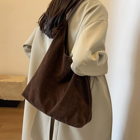 Borsa a Tracolla in Camoscio Vintage per Donna Grande Capacità Borsa Tote Opaca Retrò Pendolare Hobo Bag Autunno Inverno Moda Borsa