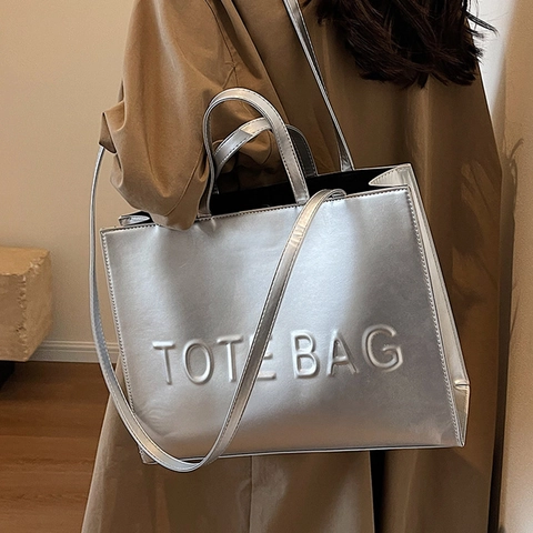 Grand Sac à Main en Cuir PU pour Femmes Minimaliste Lettre en Relief Sac Bandoulière Mode École Navette Sac à Épaule