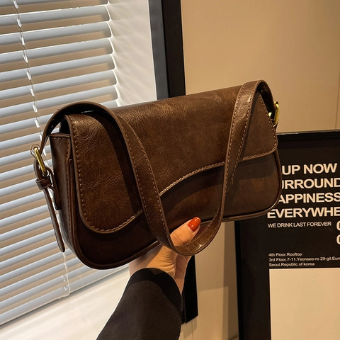 Borsa Sottobraccio Vintage Grande Capacità per Donna Borsa a Tracolla in Pelle PU Retro Con Patta e Ferramenta Dorata