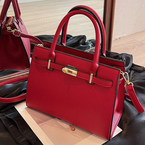 Damen Lychee-Muster PU Leder Handtasche Gold Schnalle Umhängetasche Große Kapazität Handtasche Hochzeit Party Rot Schwarz