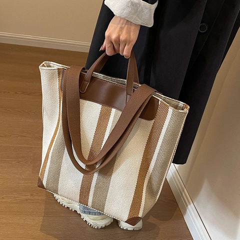 Bolsa Tote de Lona a Rayas de Gran Capacidad Con Patchwork de Cuero Bolso de Hombro para Mujer Escuela Conmutación Casual