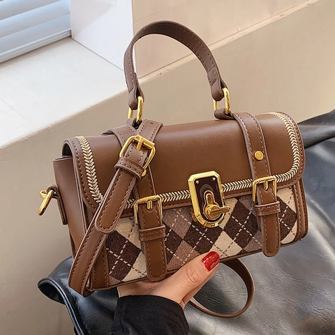 Sac Bandoulière Vintage Style Britannique Motif à Losanges pour Femmes Cuir PU Épissage Petit Sac Carré Serrure Or